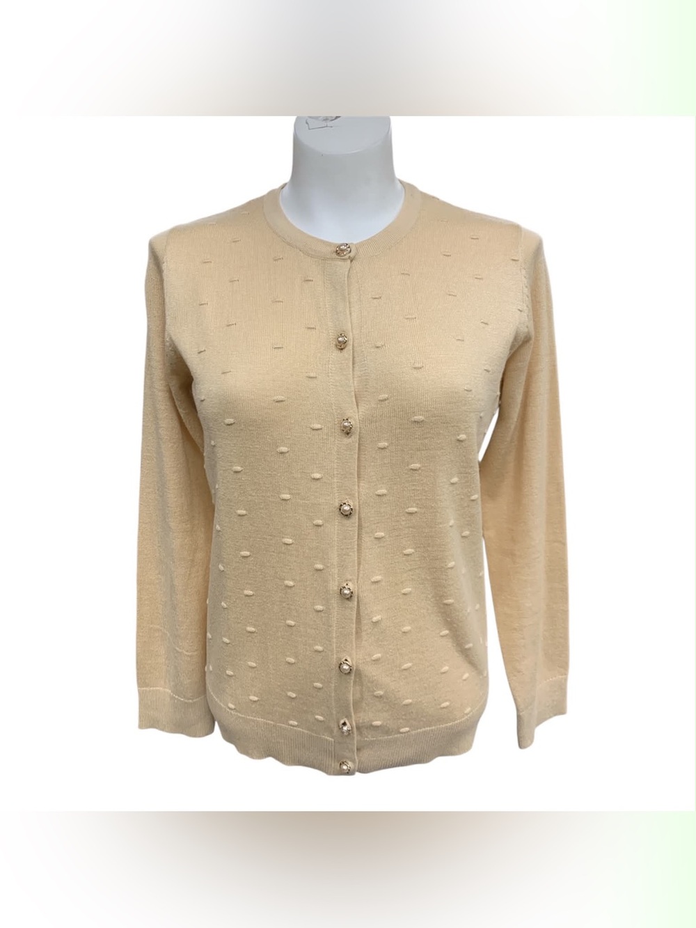Select + Tend Classic Cream Dot-Texture Button Cardigan Sweater Size L